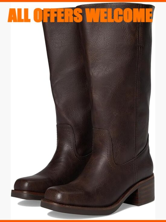 Shoes - Polyurethane Wide Calf Boots Block Heel Pull-On Western Style